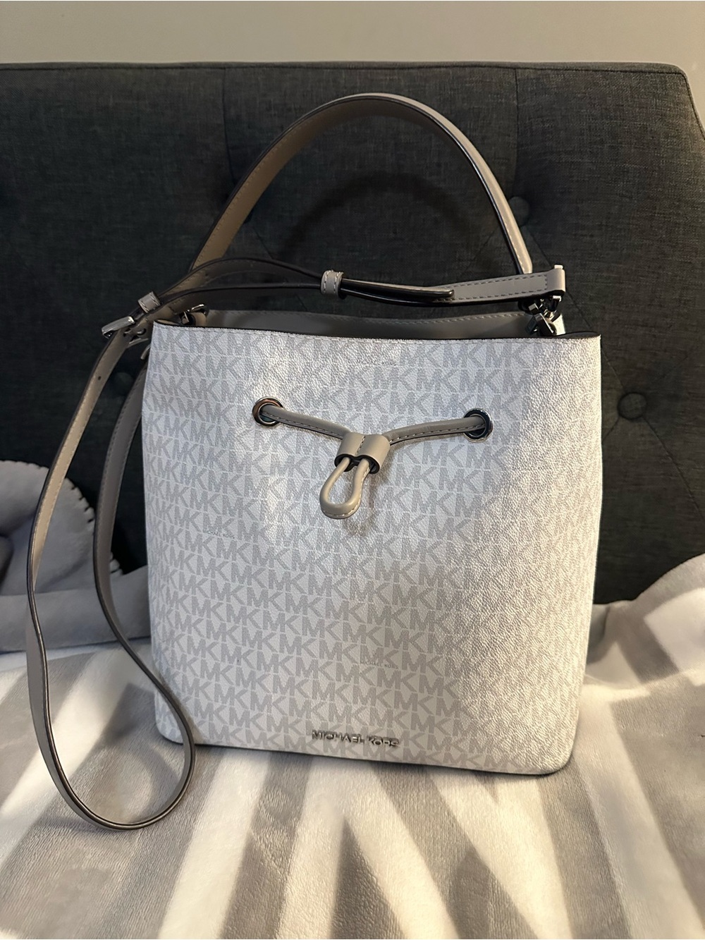 Michael Kors White/Light Gray Monogram Drawstring Bucket Bag (silver hardware)